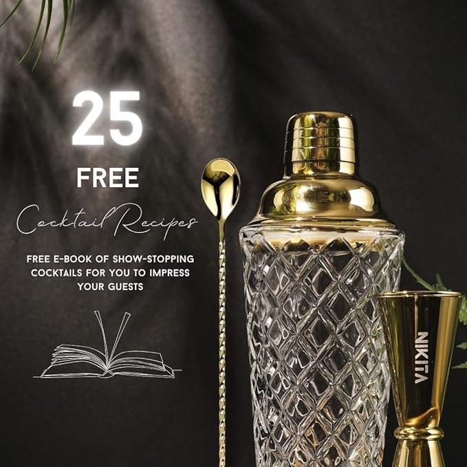 Gold Cocktail Shaker Set - 5 Piece Martini Shaker Set with Strainer, Jigger, Spoon & Muddler - 16oz Glass Cocktail Shaker Set - Ideal Gift for Home Bar & Drink Trolley Décor