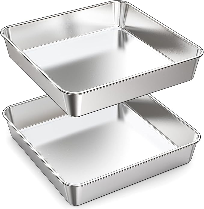 9 Inch Square Cake Pan Set of 2, Stainless Steel Baking Brownie Pan for Lasagna, Roaster Oven Cookie Sheet BBQ Grilling Pan for Baking Breads, Grilling Chicken & Vegetables, Dishwasher Safe