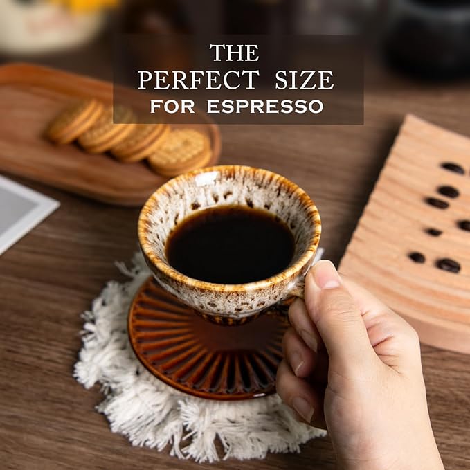 2 oz Espresso Cups Set of 2, Ceramic Cappuccino Cups with Saucers, Durable Porcelain Tea Set & Modern Coffee Cup Collection, Coffee Lover Gifts, Glazed White