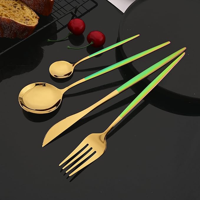 JASHII Flatware Set 24 Piece, Stainless Steel Silverware Set, Macaron Small Fresh Color Cutlery Set, Modern Elegant Tableware Set for Party, Christmas, Dinner (Rainbow Gold)