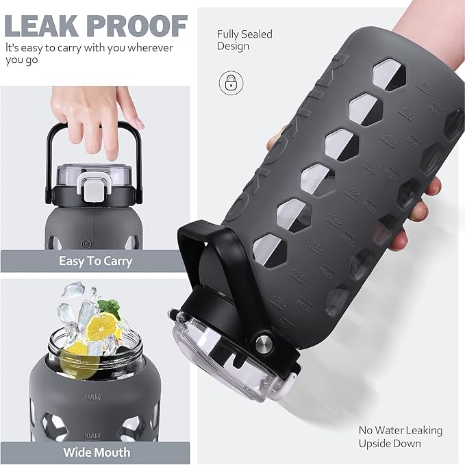 MUKOKO Half Gallon/64 oz Glass Water Bottles with Straw and Lid,Motivational Water Jug with Time Marker Reminder and Silicone Sleeve,100% Leakproof BPA Free Fitness Sports Large Bottle-Grey