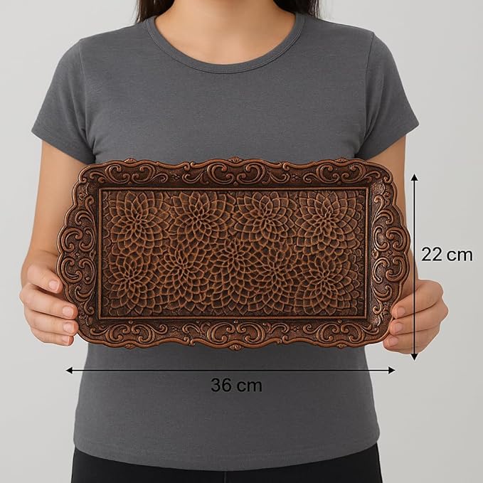 Alisveristime Small Ornate Metal Serving Tray – Ottoman Motif Decorative Tray (14.2" x 7.1", 10.8 oz) (Brown)