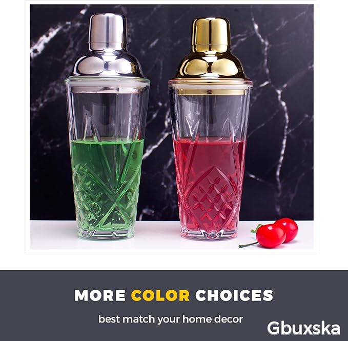 Cocktail Shaker, 14.5 Oz Glass Drink Shakers Cocktail for Bars, Whiskey, Cocktails, Gold