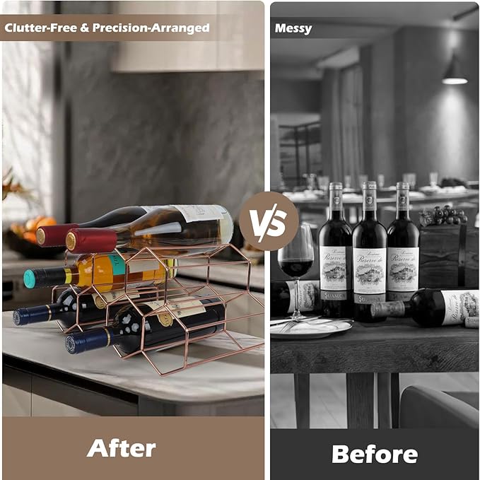 Rose Gold Wine Racks Countertop 9 Bottle,Geometric Stainless Steel Wine Bottle Holder,Compact Small Wine Rack for Cabinet Pantry Bar Table No Assembly Required