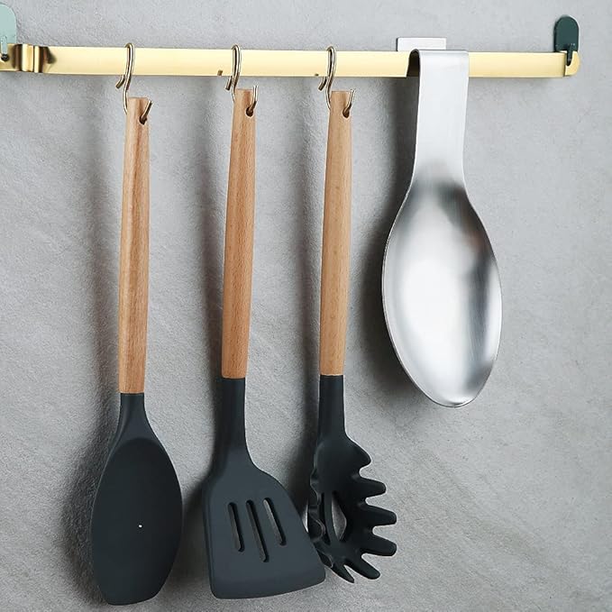Matte Silver Spoon Rest, Stainless Steel Spoon Holder for Stove Top, kitchen utensils Holder for Ladles, Tongs, Spatula, Stove Spoon Holder, Pot Lid Holder, Dishwasher Safe (1PC-9.5 Inch)