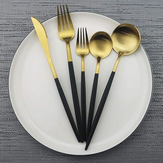 JASHII Luxury Black Gold Flatware, Silverware Sets, 5-piece Elegant Cute 18/10 Stainless Steel Silverware Set for Eating Home Kitchen Hotel Restaurant, Service Sets for 1 People, Dishwasher Safe
