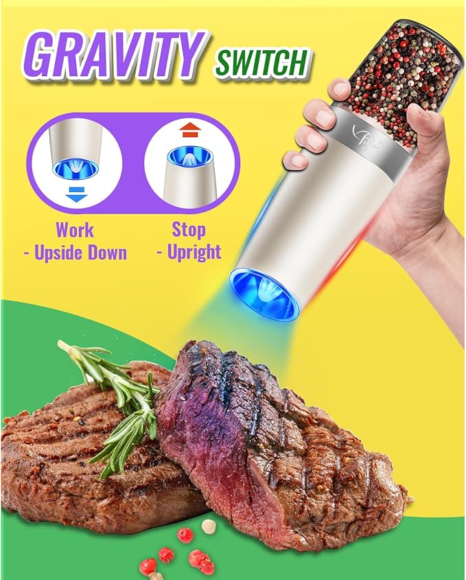 Rongyuxuan Gravity Salt and Pepper Mill Set, Electric Automatic Pepper Grinder Mill Shaker with Battery Powered,Stainless Steel,Blue LED Light,Adjustable Coarseness,One Hand Use,Khaki