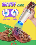 Rongyuxuan Gravity Salt and Pepper Mill Set, Electric Automatic Pepper Grinder Mill Shaker with Battery Powered,Stainless Steel,Blue LED Light,Adjustable Coarseness,One Hand Use,Khaki