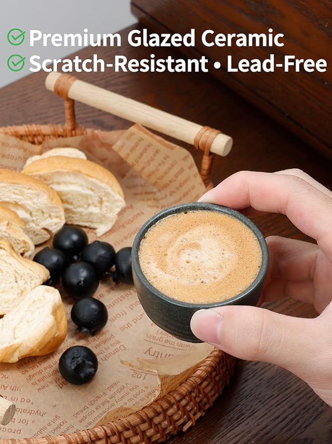 1.6oz Espresso Cups Set of 6, Matte Black Ceramic Demitasse Coffee Cups for Espresso, Latte, Cappuccino – Small Shot Cups – Stackable Mini Mugs for Home, Cafe, Restaurant