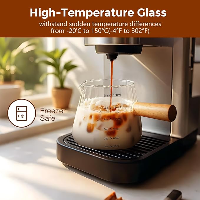 YARRAMATE 2 Pack 6 oz/180ML Glass Measuring Cup with Wooden Handle – Espresso Shot Cups, Ribbed Milk Frothing Pitcher, Dual Scale Markings, V-Shaped Mouth for Easy Pouring