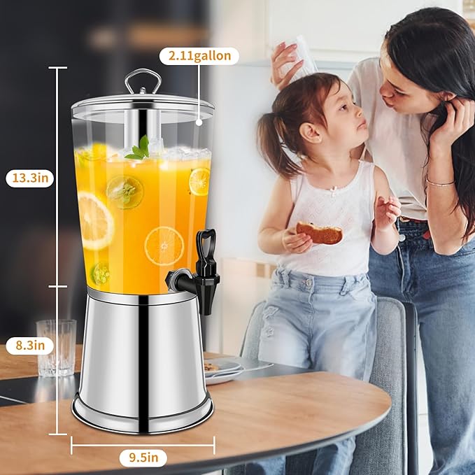 Beverage Dispenser With Stand, Iced Beverage Drink Dispenser, Stainless Steel Water Jar with Ice Container, Lemonade Drink Jar Jug For Buffet, Parties, Clear Acrylic, 2-GALLONS 8-L