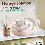 Chef Power Ceramic Nonstick Pots and Pans Set 19 Piece with Detachable Handle, Induction Dishwasher Oven Safe Cookware Set, RV Kitchen Set Removable Handle (Light Pink)