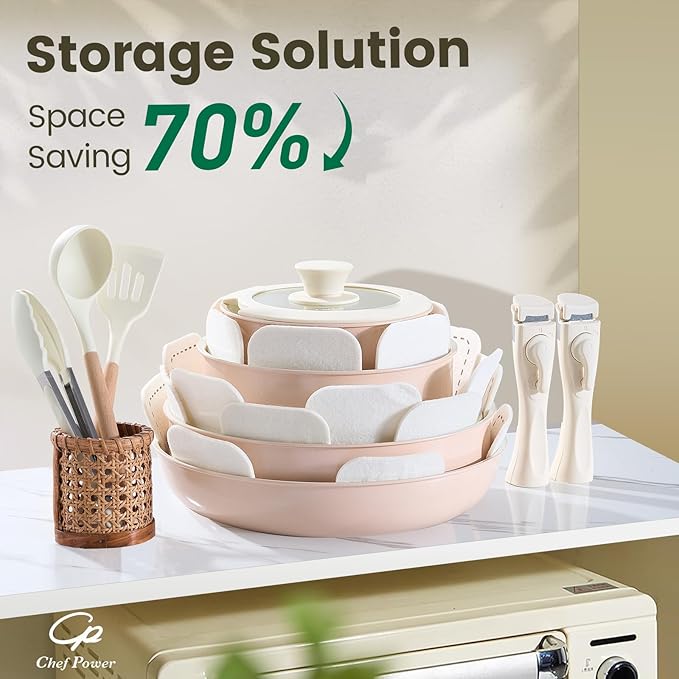 Chef Power Ceramic Nonstick Pots and Pans Set 19 Piece with Detachable Handle, Induction Dishwasher Oven Safe Cookware Set, RV Kitchen Set Removable Handle (Light Pink)