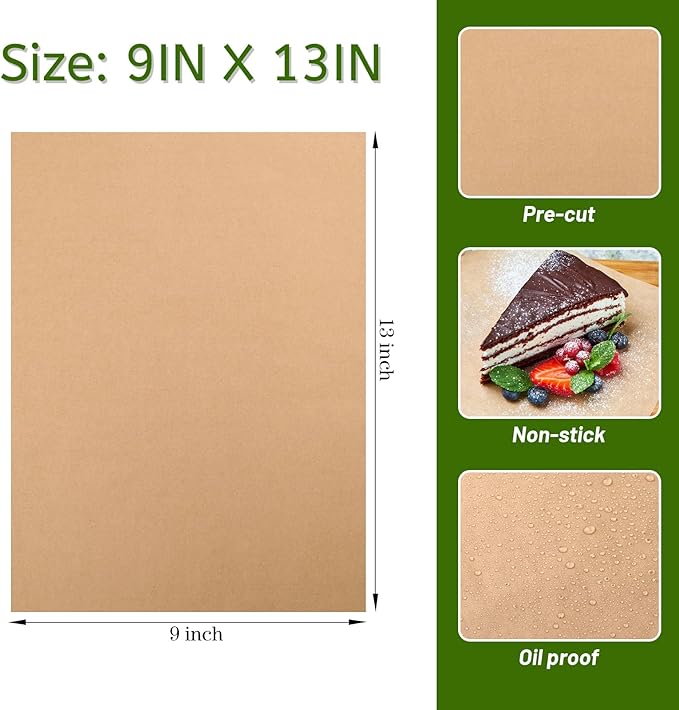 WMKGG 200Pcs Unbleached Parchment Paper for Baking, 9 x 13 Inch Precut Heavy Duty Parchment Paper Sheets for Cooking, Grilling, Air Fryer and Oven