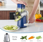 VEKAYA Cheese Grater, Cheese Grater Hand Crank, 4 Interchangeable Blades Cheese Shredder, Vegetable Slicer, Non-slip Suction Base, Easy to Clean Rotary Grater with Handle (Blue)