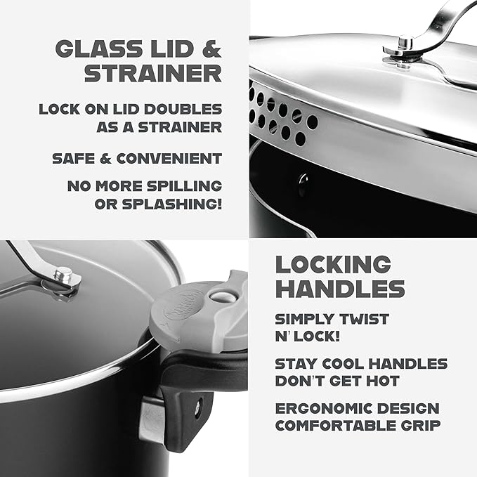 GOTHAM STEEL 5 Qt Ceramic Stock Pot Multipurpose Pasta Pot with Strainer Lid & Twist and Lock Handles, Perfect for Soup, Spaghetti, Rice, Dishwasher Safe - BLACK