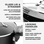 GOTHAM STEEL 5 Qt Ceramic Stock Pot Multipurpose Pasta Pot with Strainer Lid & Twist and Lock Handles, Perfect for Soup, Spaghetti, Rice, Dishwasher Safe - BLACK