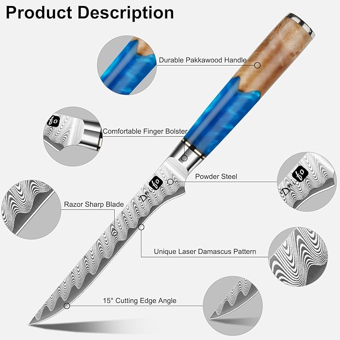 Fillet Knife 6 Inch Damascus Boning Knife for Meat Fish and Poultry Cutting with Super Sharp Japanese Blade with Gift Box and Resin Wood Handle, Ideal Gift for Men and Women