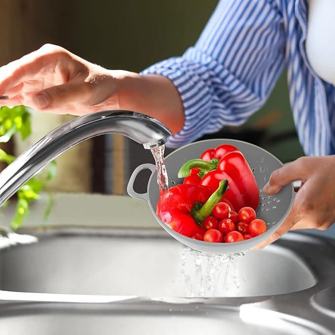 Meadow Lane 6-inch Small Colander, BPA-Free, Dishwasher Safe, Double Handles, Compact Food Strainer for Berries, Veggies and Pasta, 3-Cup Capacity, Silver Gray