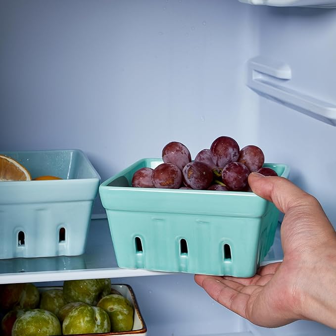 ONEMORE Berry Basket Ceramic Berry Bowls with Holes Square Fruit Bowl Berry Colander Containers for Fridge - 5.8" Fruit Basket for Kitchen Décor, Set of 2, Mint Green