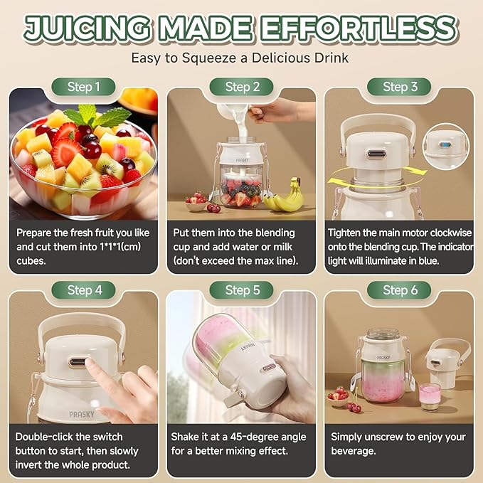 Portable Blender, Prasky Personal Blenders for Shakes and Smoothies with 27oz Cup, Lid and Shoulder Strap,Type-C USB Rechargeable, Personal Size Blenders BPA-free for Gym/Travel/Kitchen (Ivory White)