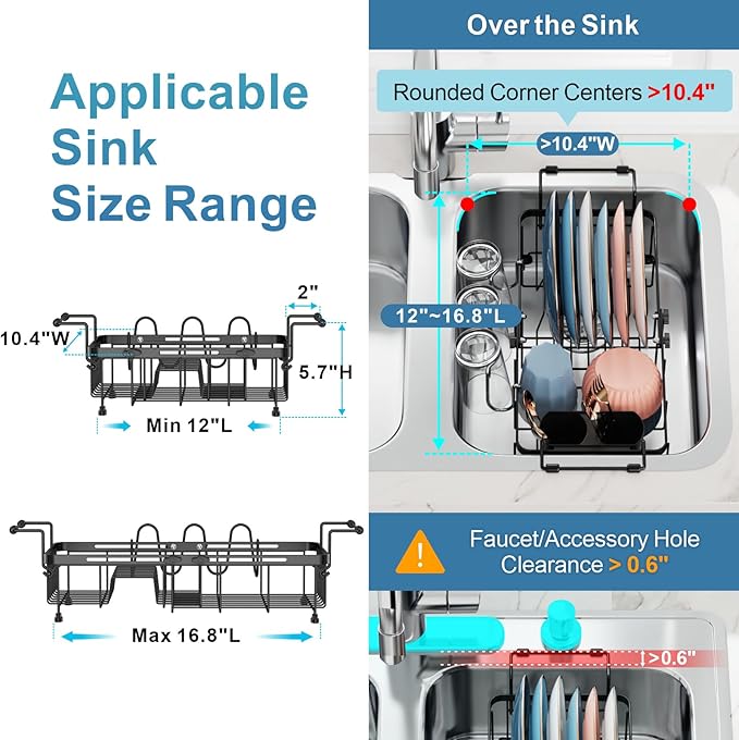 iSPECLE Small Sink Dish Drying Rack, Capacity Expandable Narrow Dish Drainer for RV Kitchen Counter with Cup Holder and Utensil Holder, Fit for 12"~18.3" Sink, Black