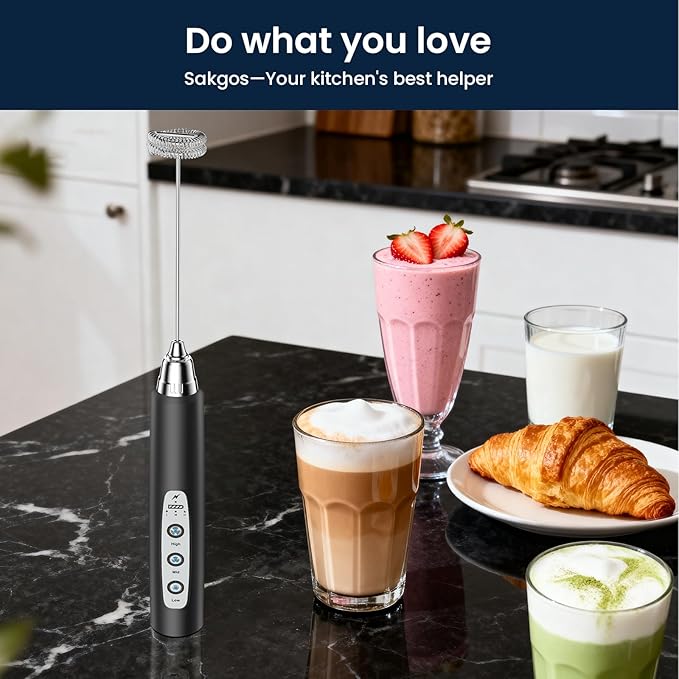 Milk Frother Rechargeable Handheld-Electric Whisk 3 Speed Adjustable, Frother Wand Coffee with 3 Stainless Whisks, Electric Foam Maker, Drink Mixer Blender for Latte Cappuccino Matcha Egg