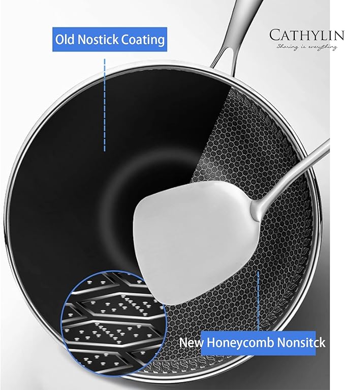12.5" 316L Stainless Steel Honeycomb Non Stick Wok Pan Stir-fry Wok with Lid,Skillet with Stay-cool Handle PFOA Free Suitable for Induction, Ceramic, Electric, and Gas Cooktops