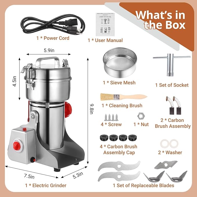 Grain Mill Grinder 800g, Electric Stainless Steel High-Speed Spice Herb Grinder, 3200W Swing Type Cereals Corn Flour Pulverizer Powder Machine for Dry Spice Herbs Grains Coffee Rice Pepper
