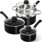 MICHELANGELO Nonstick Saucepan with Lid, Ceramic Sauce Pan Sets with Steamer, Easy to Clean Sauce Pans, Multi-Purpose Cooking Pots, 1QT & 2QT & 3QT, with Steamer, Black