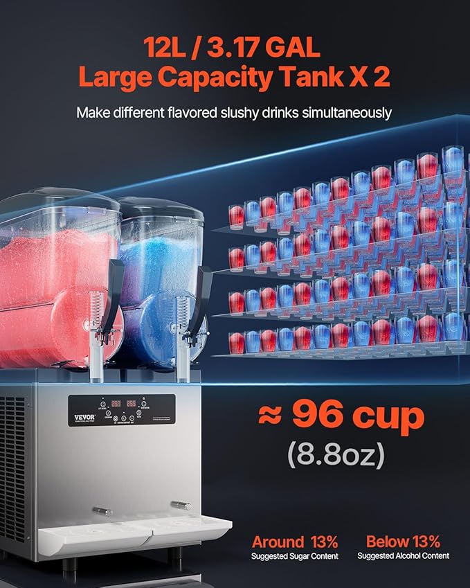VEVOR Commercial Slushy Machine, 12Lx2 Double Tank Frozen Drink Machine, 96 Cups Stainless Steel Margarita Smoothie Frozen Drink Maker, Slushie Maker for Home Party Restaurants Cafe Bars