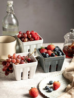 Gomakren Ceramic Berry Basket Set of 2, Square Fruit Bowls with Holes, Rustic Fruit Basket Containers for Kitchen, Berries, Strawberry, Grape, Cherry - Cream White