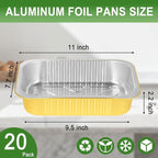 11"×8"×2" - 20 Pack 5LB/80oz Gold Aluminum Foil Pans with Lids Heavy Duty, Foil Food Containers with Lids, Tin Foil Pans for Baking, Meal Prep, Freezer, Heating and Takeout