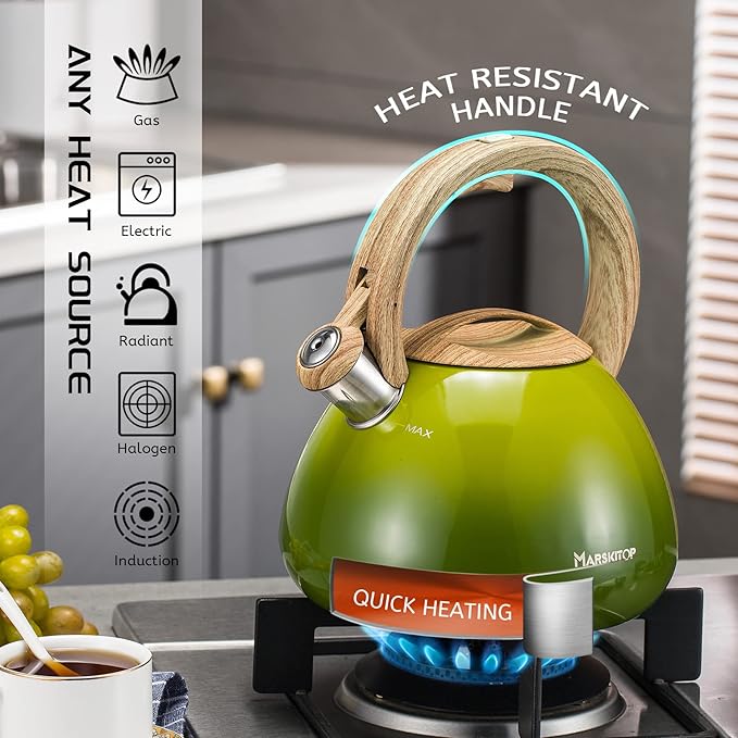MARSKITOP Whistling Tea Kettle for Stove Top, 2.6 Quart Teapot for Stovetop, Stainless Steel Tea Pot for Stove with Wood Pattern Handle, Light Green