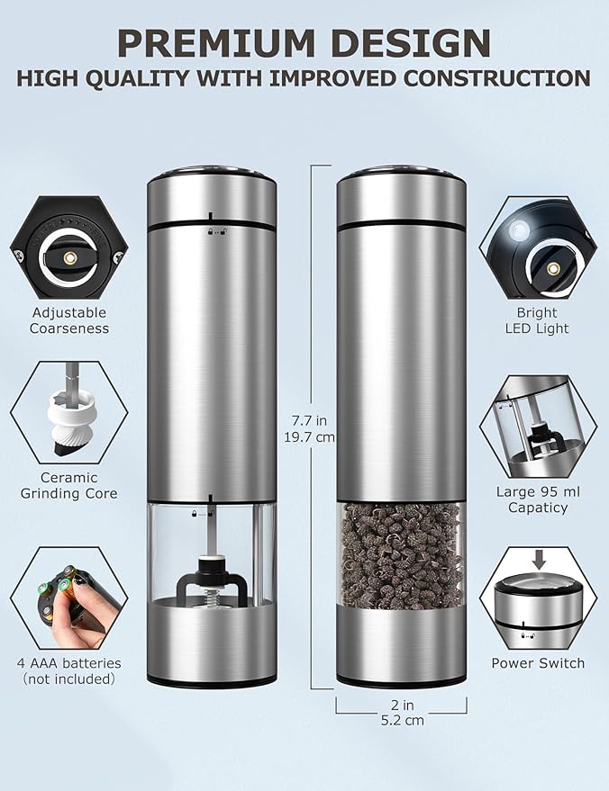 innhom Electric Salt and Pepper Grinder Set Battery Operated Stainless Steel Salt Grinder Pepper Mill Automatic Salt and Pepper Grinder Set with Adjustable Coarseness