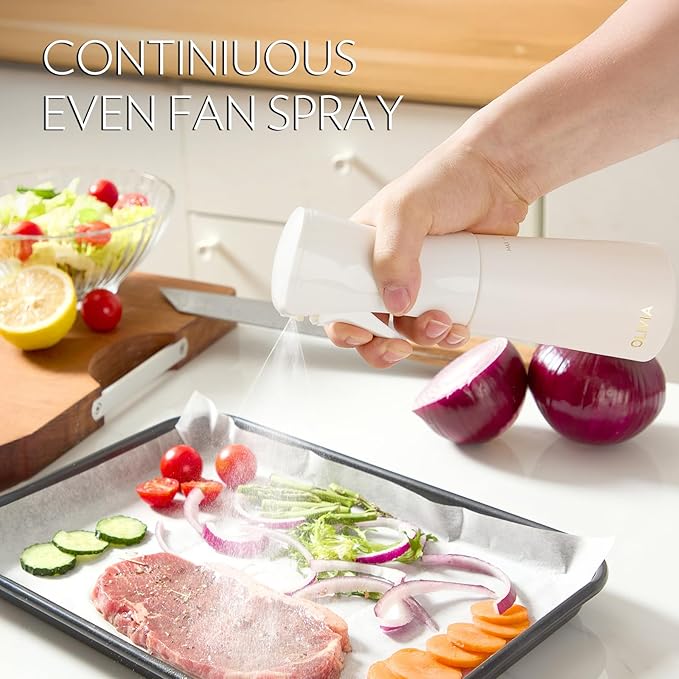 FLAIROSOL OLIVIA Oil Sprayer for Cooking, 200ml Glass Olive Oil Sprayer, Continuous Cooking Spray with Portion Control, Oil Dispenser for Kitchen, Air Fryer, Salad, BBQ (White Bottle, Gold Print)