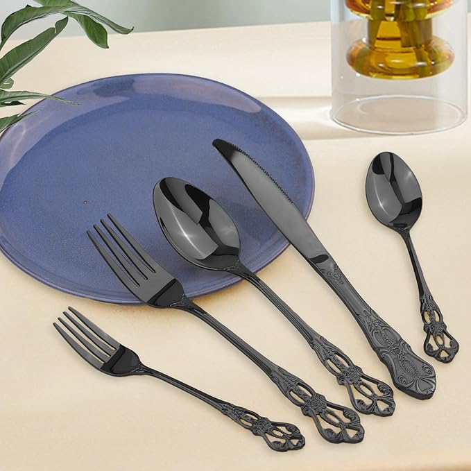 Retro Royal Black Silverware Set With Gift Box, 60-Pieces Cutlery Set Utensils Stainless Steel Flatware For 12 MIKIWAY Kitchen Tableware Set For Gifts Festive, Dishwasher Safe, Mirror Polishing