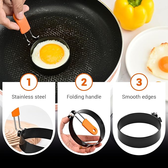 6 Pack Different Sized Egg Ring Set, Stainless Steel Round Egg Shaper with Silicone Handle & 1 Brush, Nonstick Egg Circles for Baking Pancake Griddle Muffin Omelette Cooking Frying (Black, Orange)