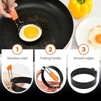 6 Pack Different Sized Egg Ring Set, Stainless Steel Round Egg Shaper with Silicone Handle & 1 Brush, Nonstick Egg Circles for Baking Pancake Griddle Muffin Omelette Cooking Frying (Black, Orange)