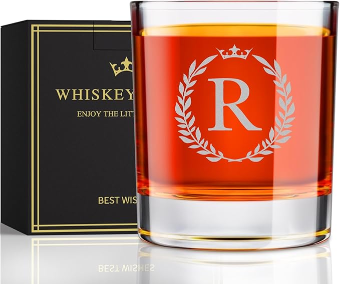 Personalized Whiskey Glasses Gifts for Men, Monogrammed Engraved A-Z 10.6 oz Rocks Glass Customized Gift, Unique Christmas Birthday Gifts for Men Him Dad Husband Brother Son (R)
