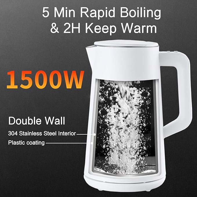 Electric Kettle, 1.5L Stainless Steel, Double Wall Cool Touch Teapot, Fast Boil,5 Temperature Control, LED Display, Auto Shut-Off, BPA-Free,Keep Warm Function, Ideal for Tea & Coffee,White