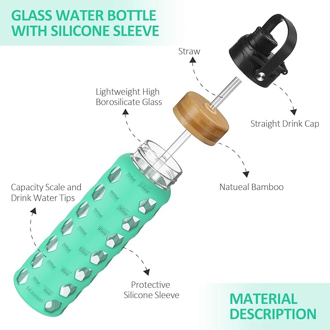 MUKOKO 24oz Glass Water Bottle with 2 Lids-Handle Flip Lid&Bamboo Straw Lid,Motivational Water Tumbler with Time Marker Reminder and Silicone Sleeve, Leakproof-Green