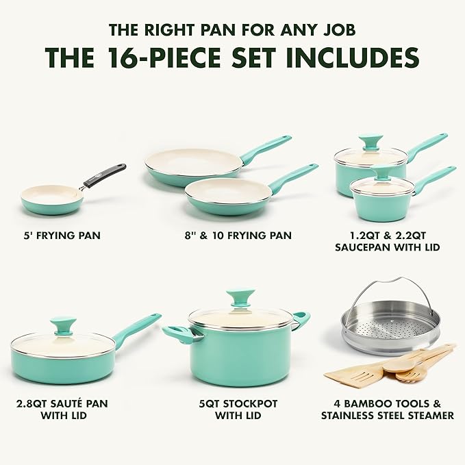 GreenPan Rio Healthy Ceramic Nonstick 16 Piece Cookware Pots and Pans Set, PFAS-Free, Dishwasher Safe, Turquoise