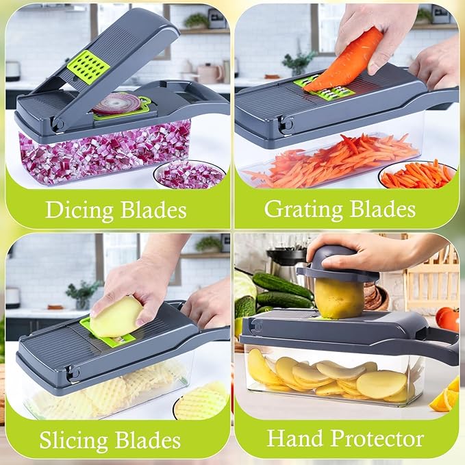 Multifunctional Vegetable Chopper, Slicer, Dicer, Cutter 14 PCs, with Container for Onion, Carrot, Potato, Salad, Garlic, ABS Design, Stainless Steel Blades.