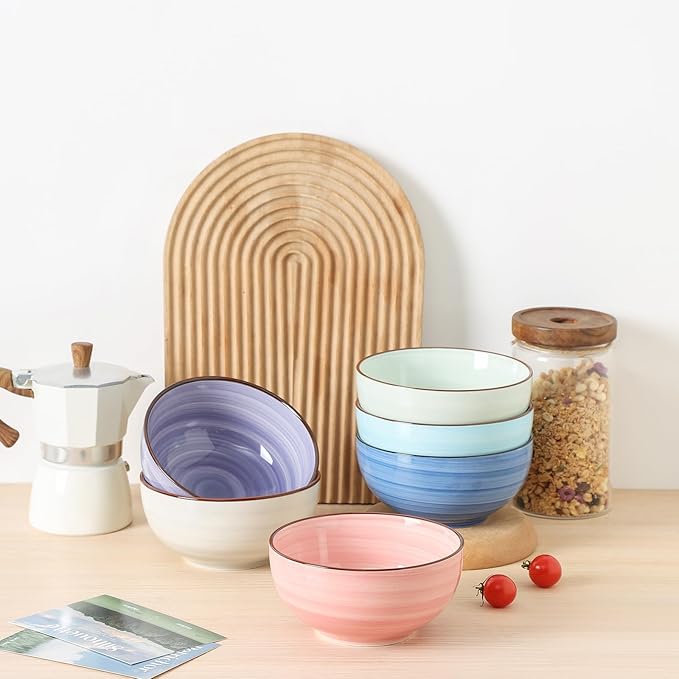 KitchenTour 24 OZ Cereal Bowls Set of 6, Ceramic Soup Bowls for Kitchen, 5.9 Inch Colorful Serving Bowls for Oatmeal, Salad, Pasta, Dessert - Microwave & Dishwasher Safe, Assorted Warm Colors