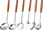 FJNATINH Stainless Steel Kitchen Utensils Set with Wood Handle Nonstick Stainless Steel Cooking Utensils Set with Turners,Spatula,Ladle,Skimmer,Solid Spoon,Pasta