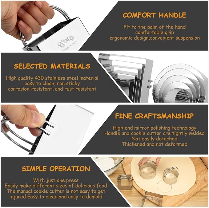 Cookie Biscuit Cutters for Baking Set of 10 pcs, Square and Round Cookie Biscuit Cutters Set with Handle, Small Cookies Biscuits Pastry Brownie Cutter Cake Cutter Tool