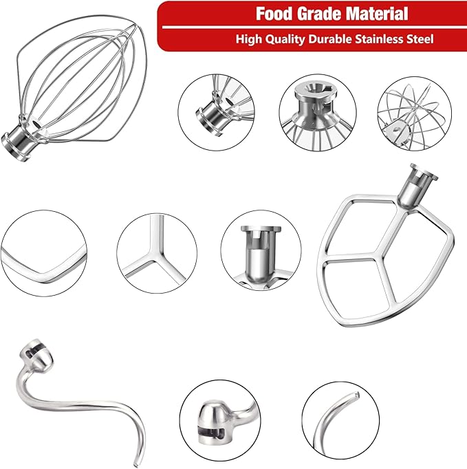 Stainless Steel 3 Piece kit Attachments for KitchenAid Stand Mixer and 5.5-6 Quart Bowl, Dishwasher Safe (5.5-6QT Flat Beater, 6QT Dough Hook, KN256 6-Wire Whip Attachment)