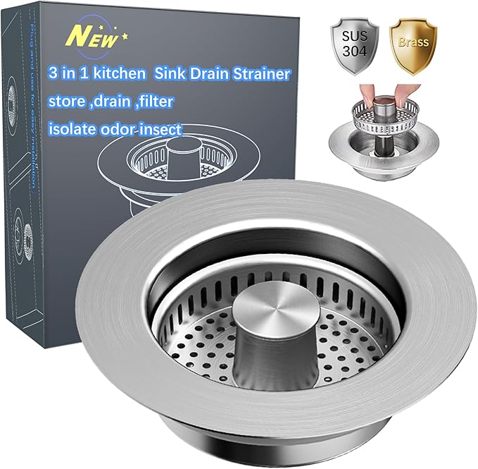 3 in 1 Kitchen Sink Drain Strainer Pop up Sink Stopper,Durability Stainless Steel Anti-Clogging Strainer Basket Odor Prevention Plug Stopper for US Standard 3-1/2” Drain