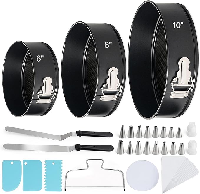 WERTIOO 138pcs Springform Cake Pan Sets for Baking with Cake Decorating Kit, 3 Round Non-Stick Cake Pans Set (6, 8, 10 inches), Leak-Proof Cheesecake Baking Pans with Icing Tips, Cake Leveler & eBook